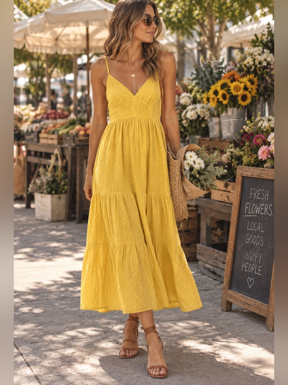 Lulu's Sunny V-Neck Tiered Spaghetti-Strap Midi Dress